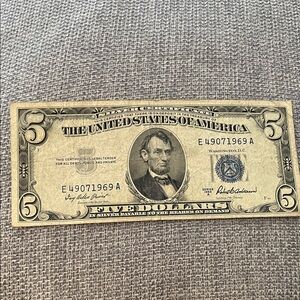 Vintage Blue Seal 1953 Five on Dollar Bill